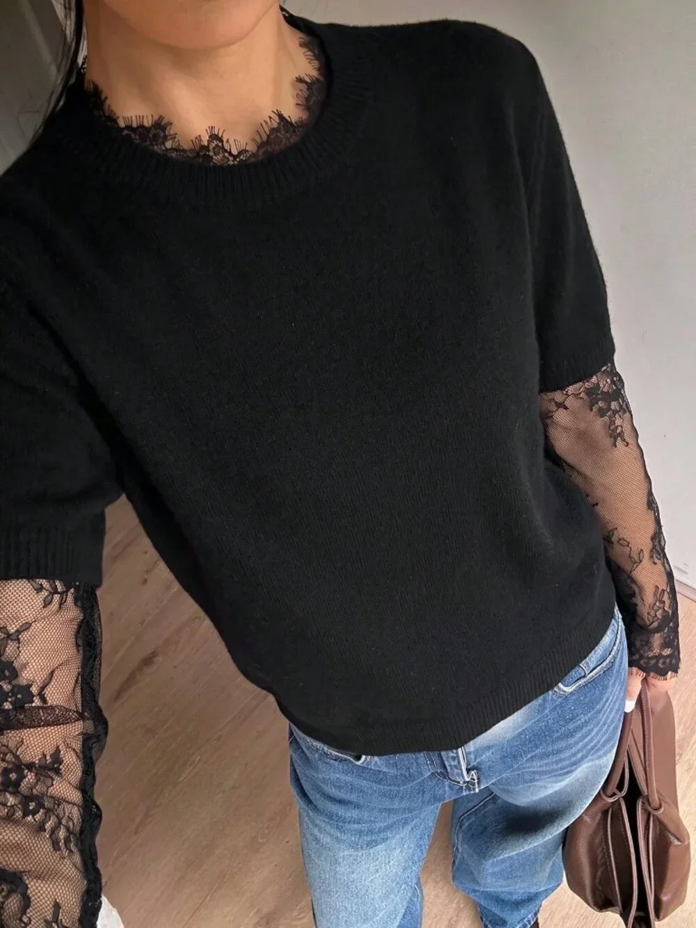 Black Casual Women's Lace detailed Drop Shoulder Round Neck Sweater